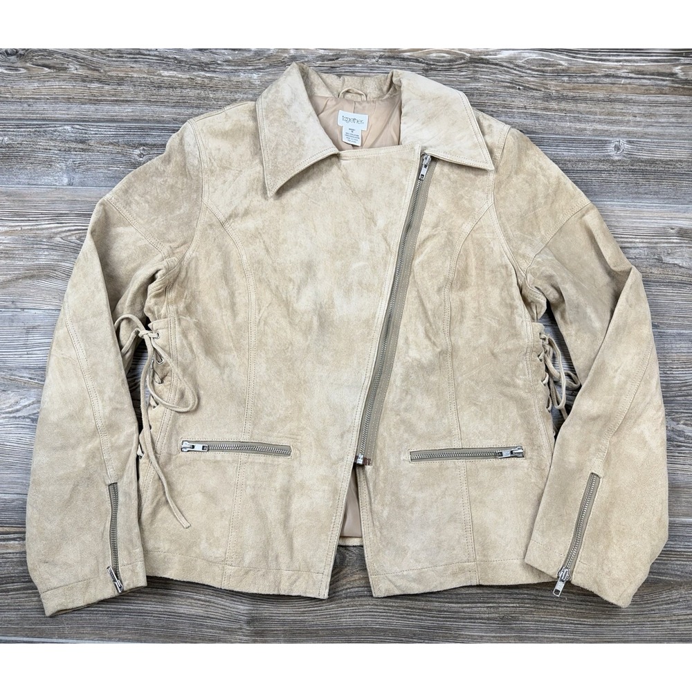 Tan Suede Leather Moto Jacket Asymmetrical Zip Side Braided Western Chic Y2K